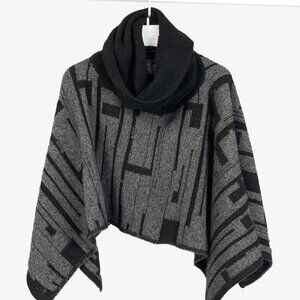 Sarah Pacini Grey & Black Geometric-Knit Cowl-Neck Poncho